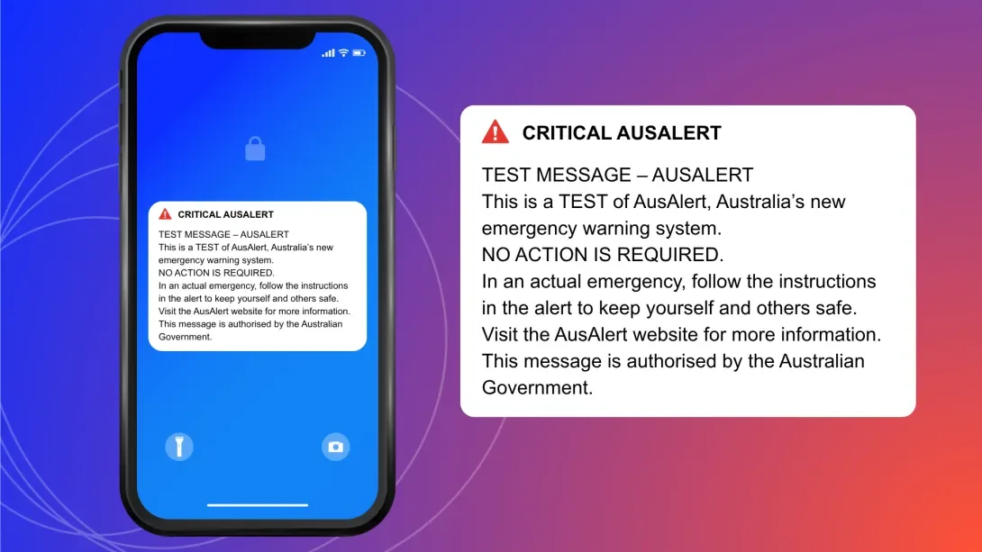 Example of the Critical AusAlert test message shown on a mobile phone