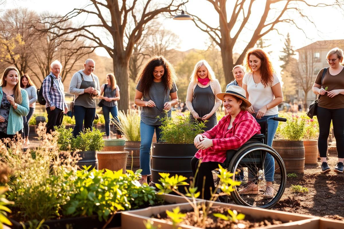 Diverse community group gardening together