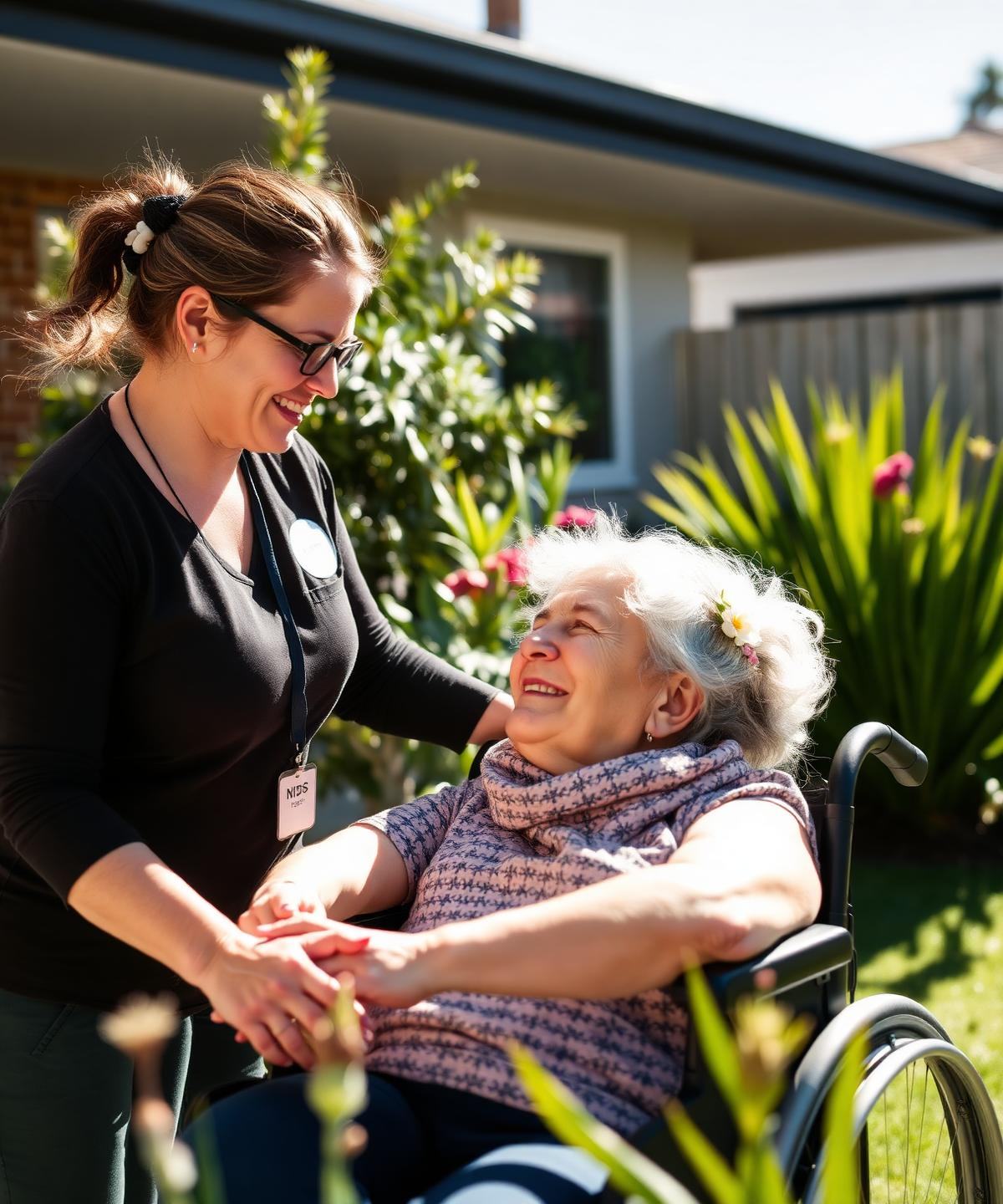 Next Door Care support worker with a participant in a sunny Victorian garden